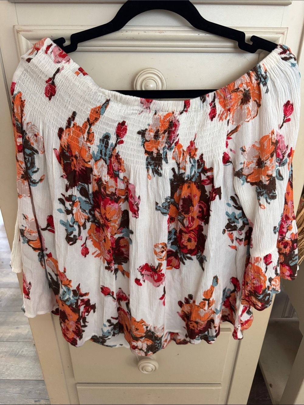 Altar'd State White Off-Shoulder Tunic with Orange, Pink & Teal Floral Print